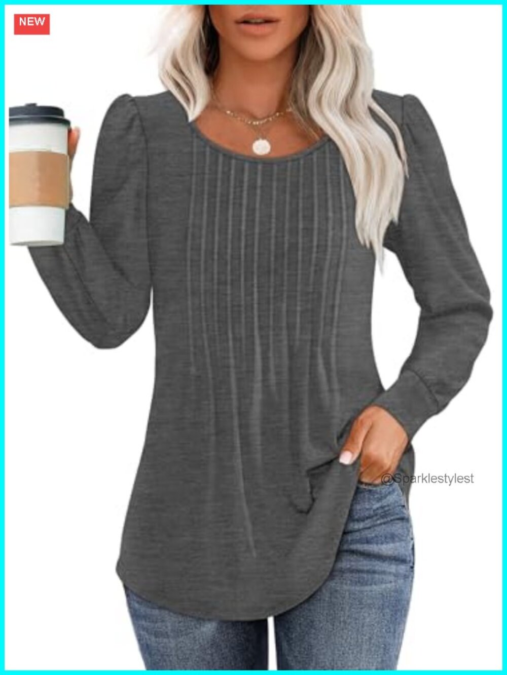 Pleated Scoop Neck Long Sleeve Tunic Top Curved Hem Leggings Blouse